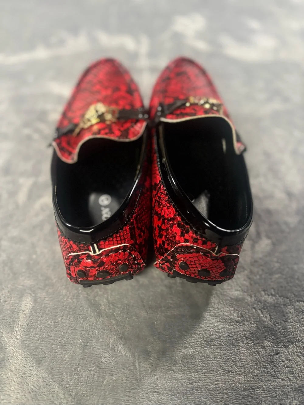 FASHION Red Snakeskin Loafers with Gold Accent